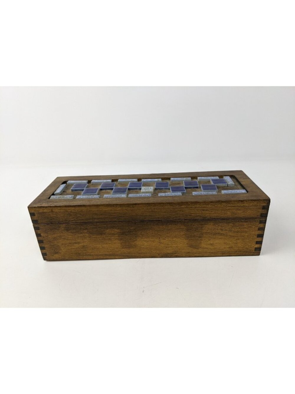 Vintage Mid Century Inlaid Tile Wooden Trinket Jewelry Box Rectangle Hinged Lid